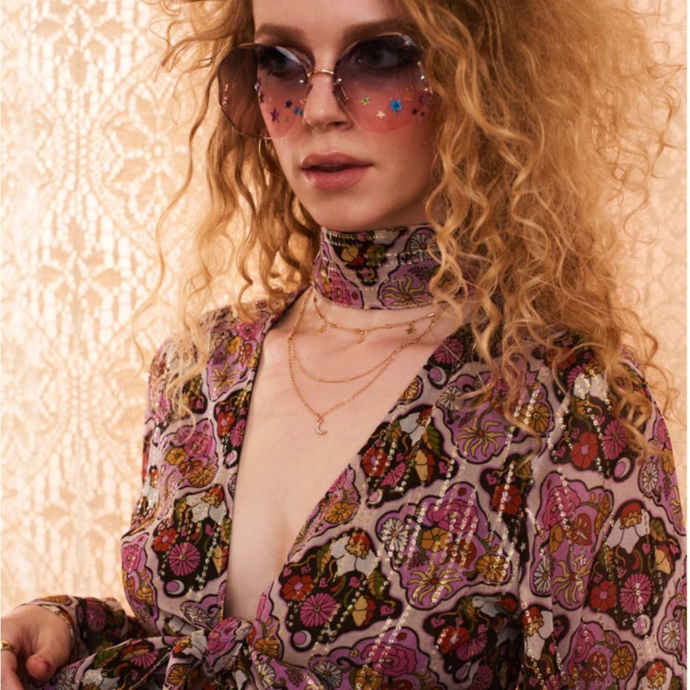 NWT The Hippie Shake Gold Dust Woman Floral Tile Lurex Tie Top UK SZ 8
